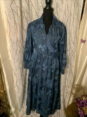 Chico’s Blue Floral Textured Long-Sleeve Maxi Dress